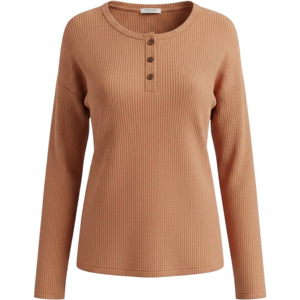 Ekouaer Womens Ribbed Henley Long Sleeve Top Mustard Yellow Size L SKU 704